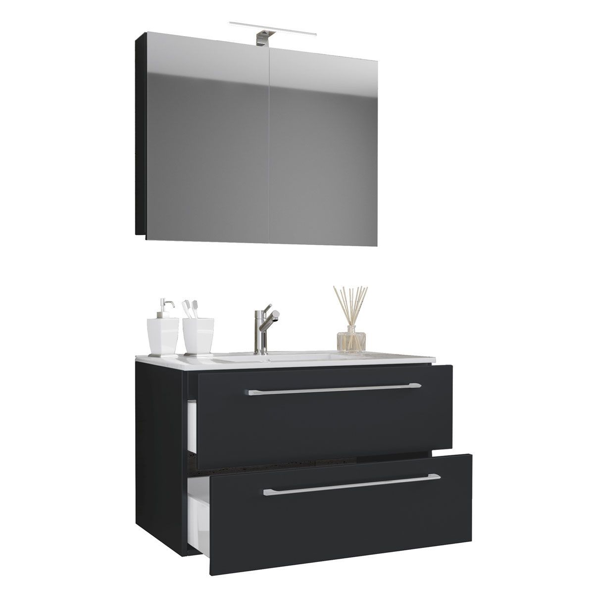 Waschplatz 80 cm 3-teilig 2 Schubfächer mit Spiegelschrank schwarz Bild 1