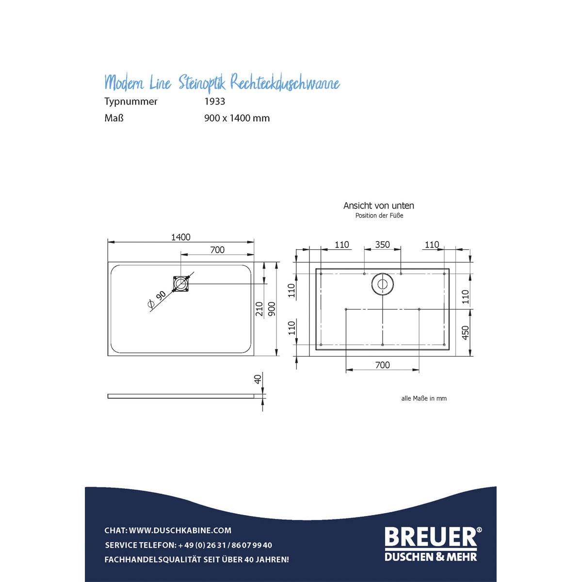 Mineralgruss-Duschwanne Modern Line Steinoptik, Anthrazit, 900 / 1400 mm Bild 2