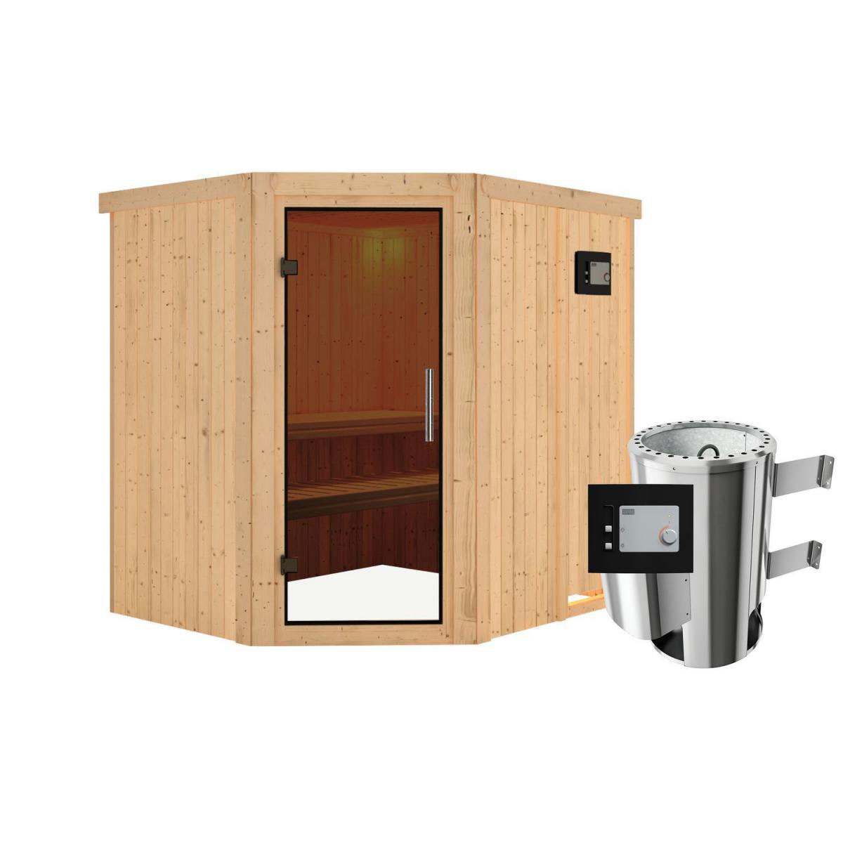 Karibu Sauna Lilja Eckeinstieg 3,6 kW Ofen externe Strg modern kein Kranz Energiespartür Bild 1