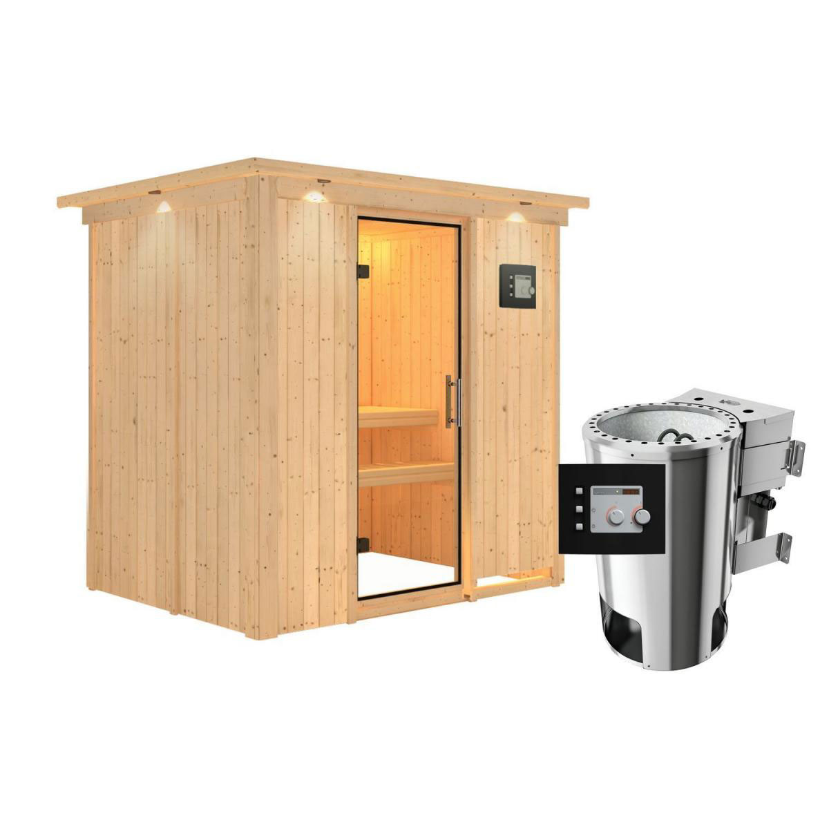 Karibu Sauna Fanja Fronteinstieg 3,6 kW Bio Ofen externe Strg modern mit Kranz Klarglas-Tür