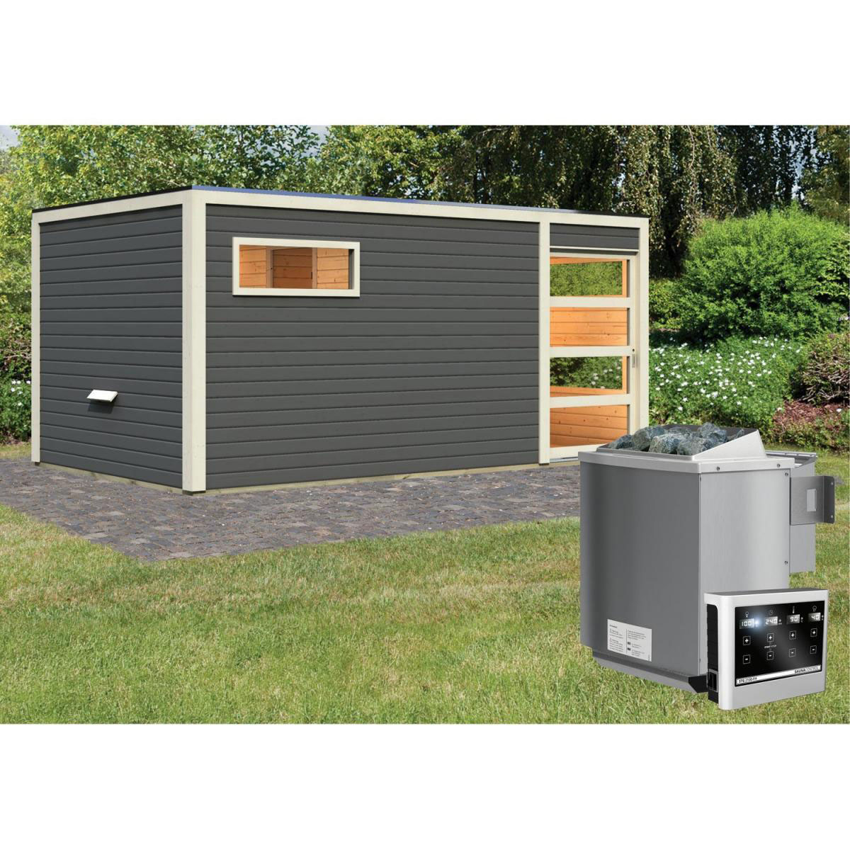 Karibu Saunahaus Hygge 38 mm 9 kW Bio Ofen externe Strg Klarglas-Tür terragrau Bild 5