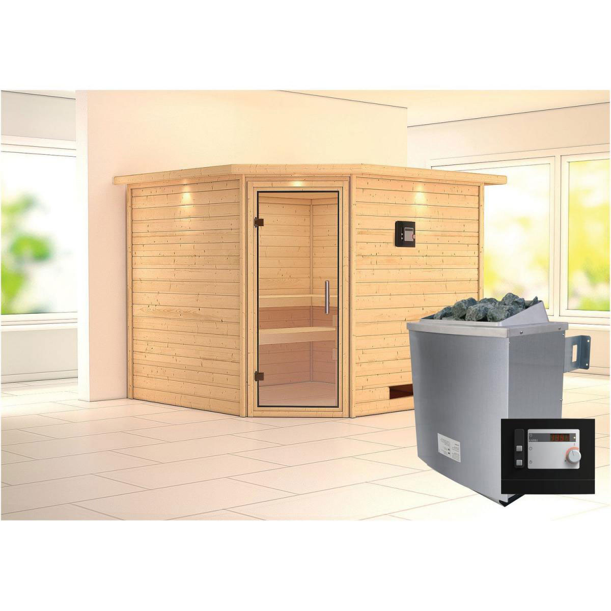 Karibu Sauna Leona Eckeinstieg 9 kW Ofen externe Strg modern mit Kranz Klarglas-Tür Bild 7