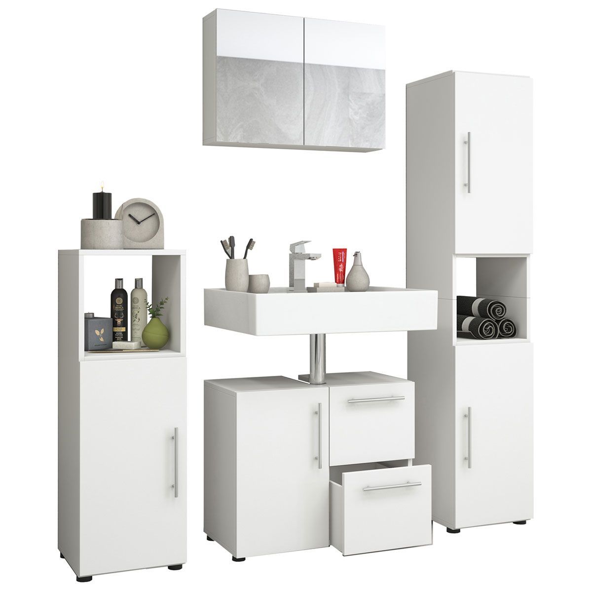 Badset Flandu mit Spiegelschrank weiß