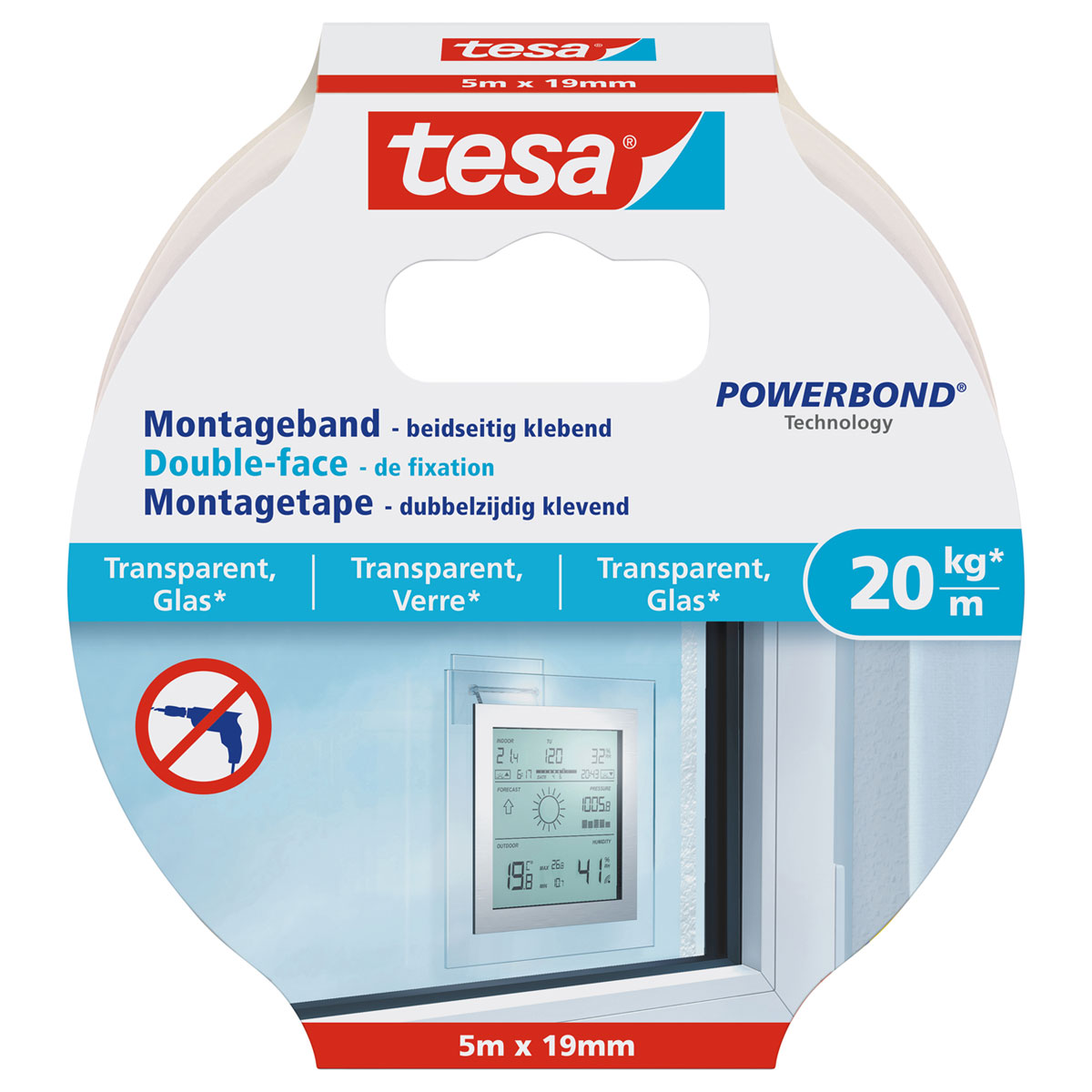 Tesa Montageband transparent Glas 5 m x 19 mm Traglast 20 kg Bild 1