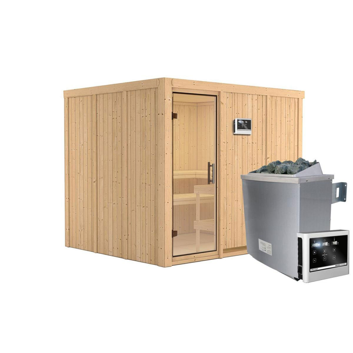 Karibu Sauna Gobin Fronteinstieg 9 kW Ofen externe Strg kein Kranz Klarglas-Tür