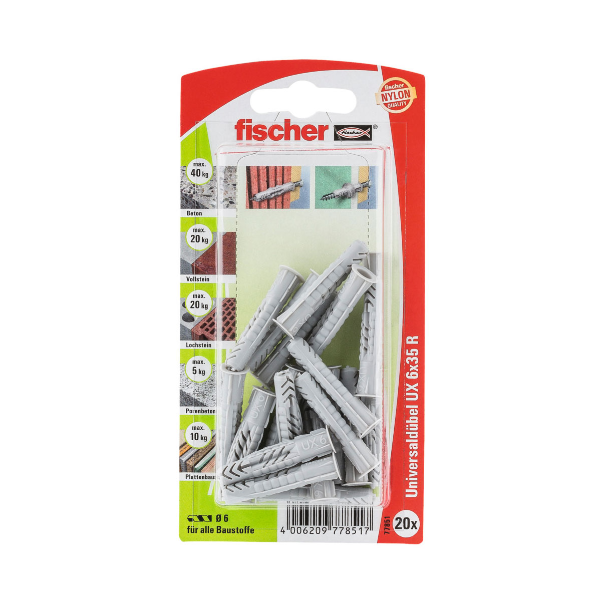 Fischer  Universaldübel UX 6 x 35 mm mit Rand 20 Stück