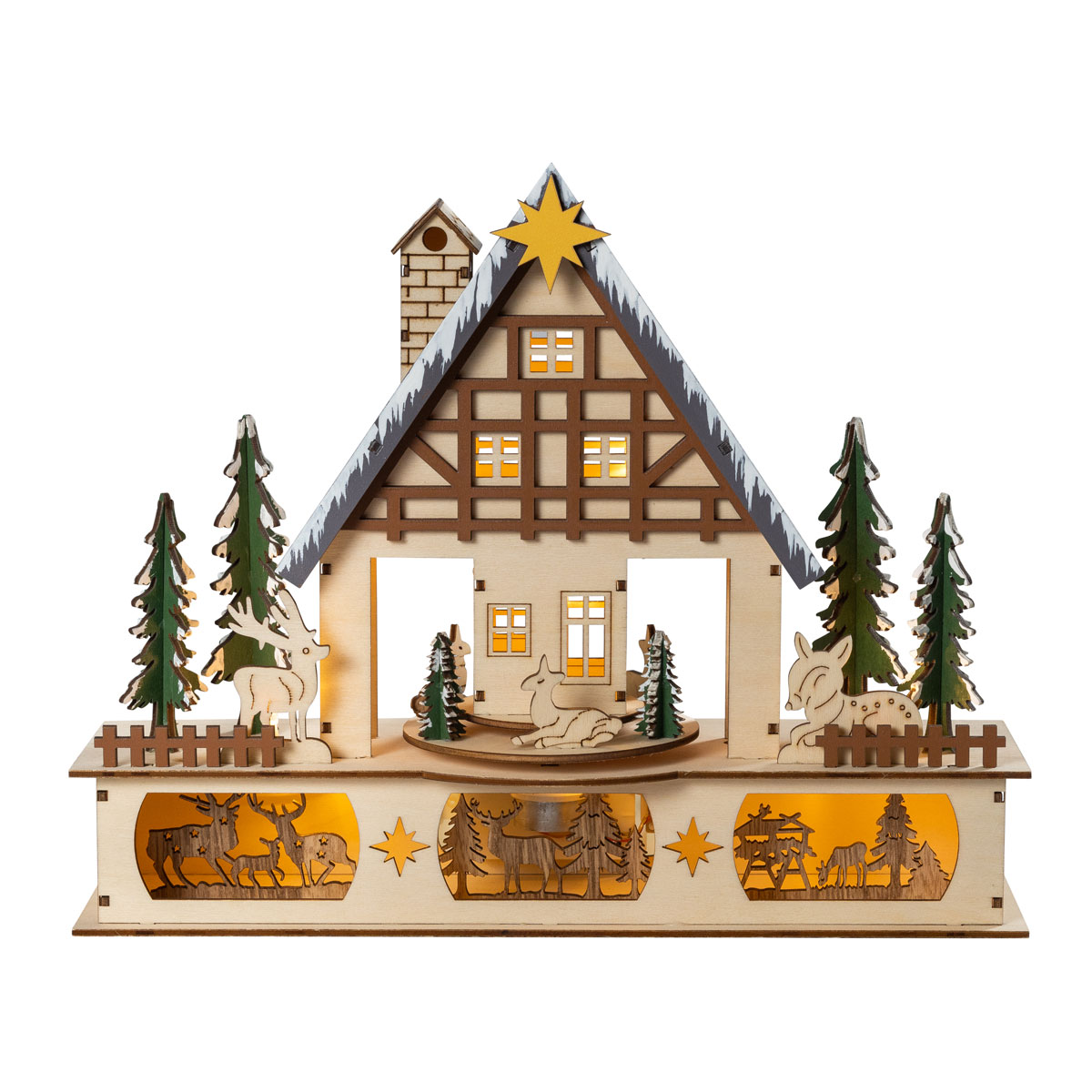 Waldhaus mit beweglichen Figuren und beleuchtetem Unterbau