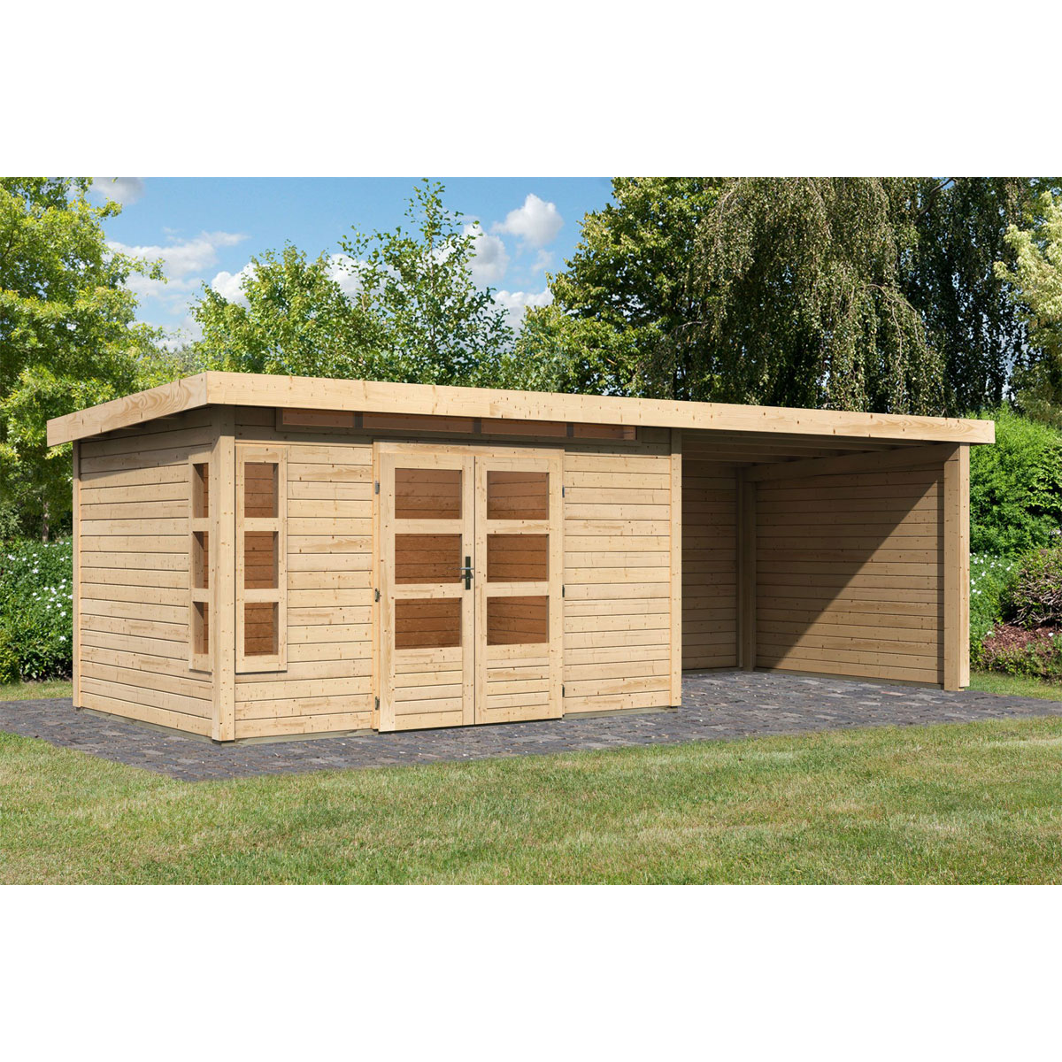 Karibu  Blockbohlenhaus Kastorf 6 naturbelassen mit Anbaudach und Seiten Bild 1