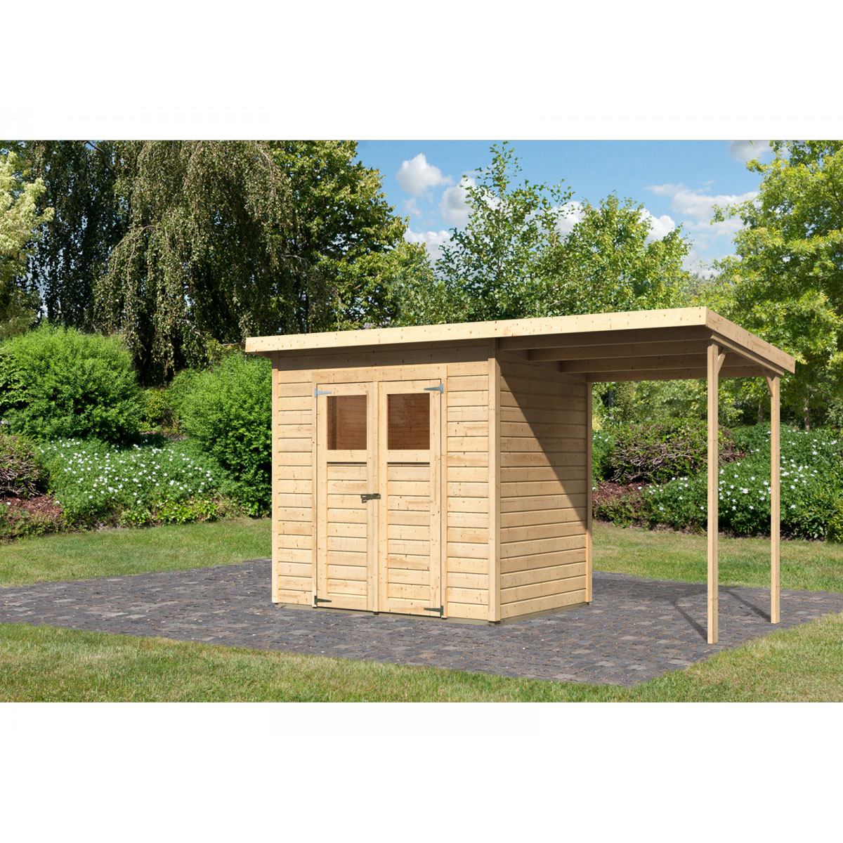 Karibu Gartenhaus Merseburg 3 Set mit Anbaudach 212 x 154 x 220 cm
