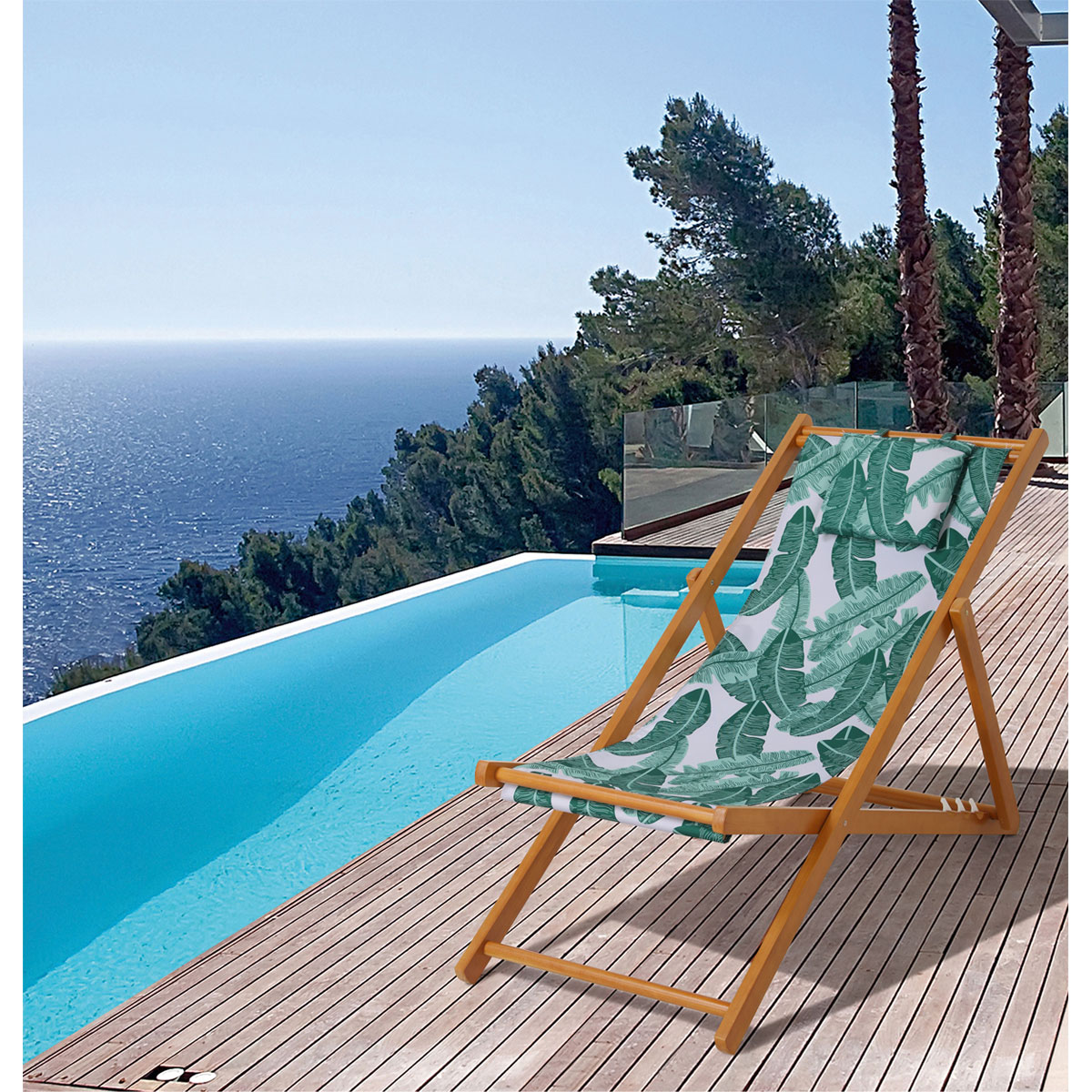 Haveson Strandstuhl Palmenblatt Hartholz mit Kopfkissen klappbar Bild 2