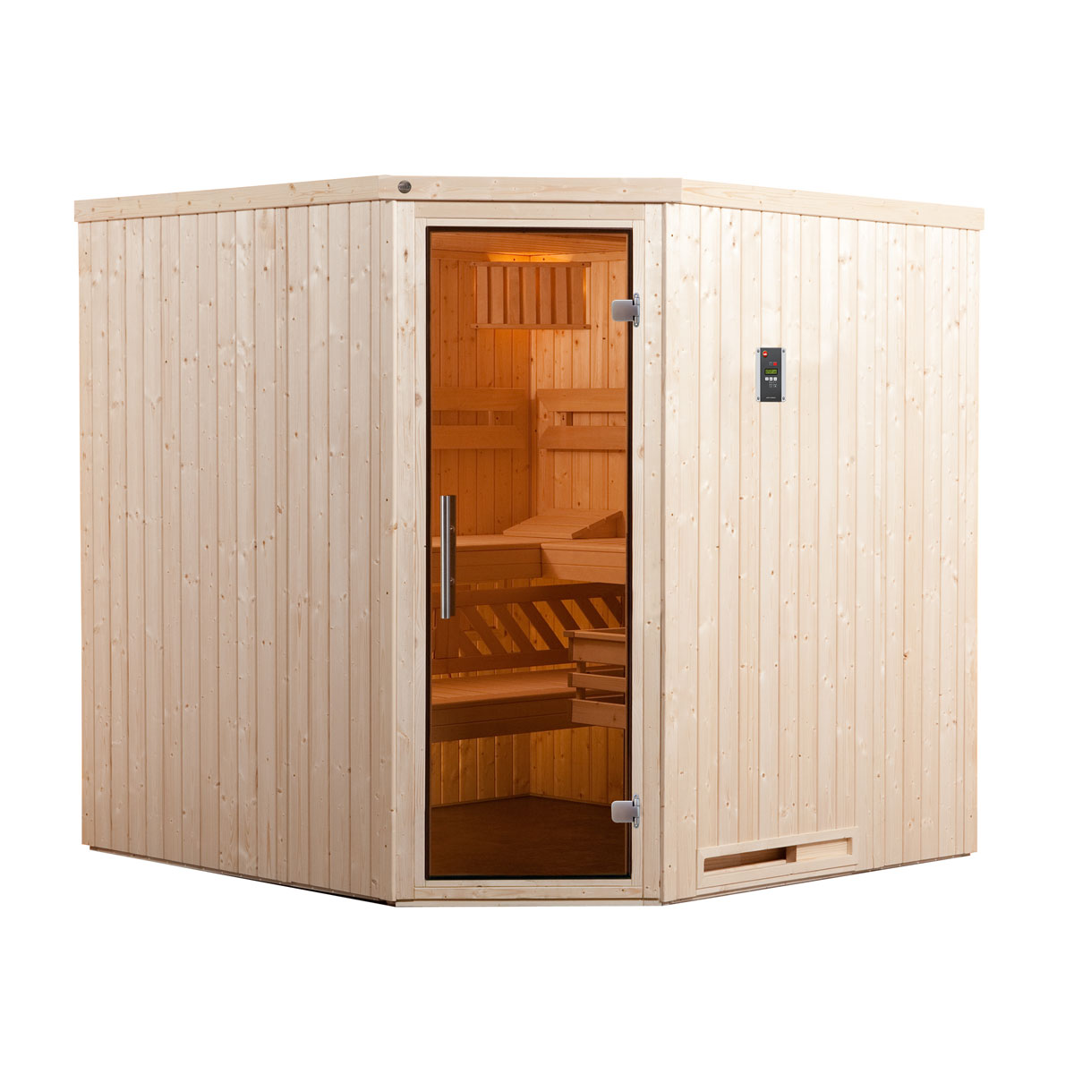 Weka Element-Ecksauna Varberg 3 Glastür inkl Saunaofen OS mit Anschlusskabel und Leuchtenset