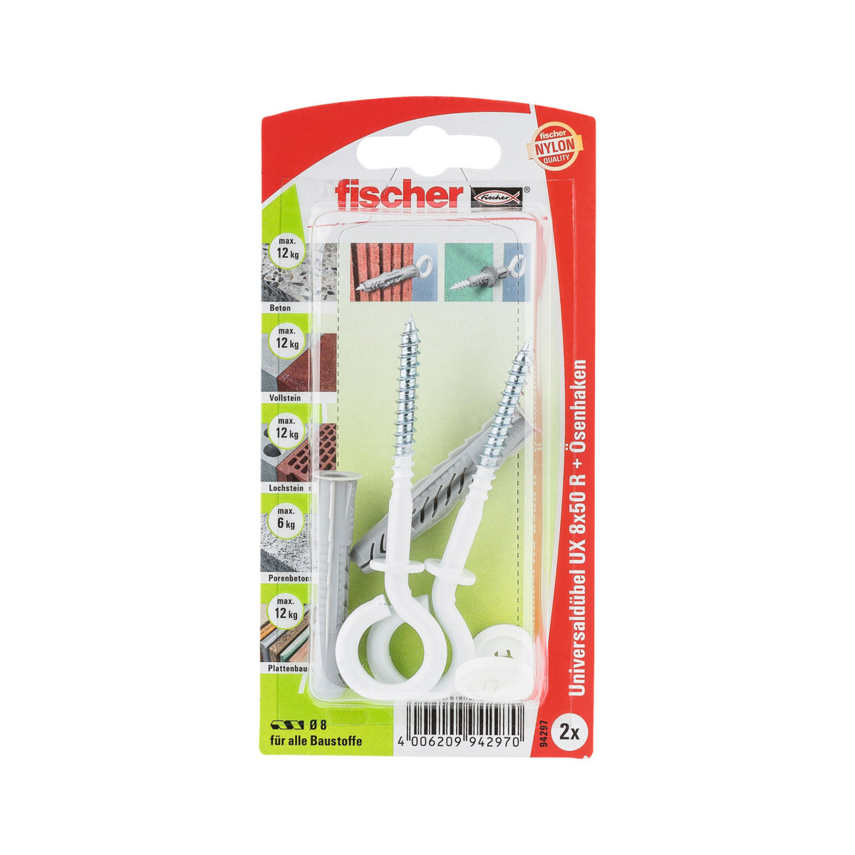 Fischer  Universaldübel UX 8 x 50 mm mit Ösenhaken nylonbeschichtet 2 Stück Fischer  Universaldübel UX 8 x 50 mm mit Ösenhaken nylonbeschichtet 2 Stück