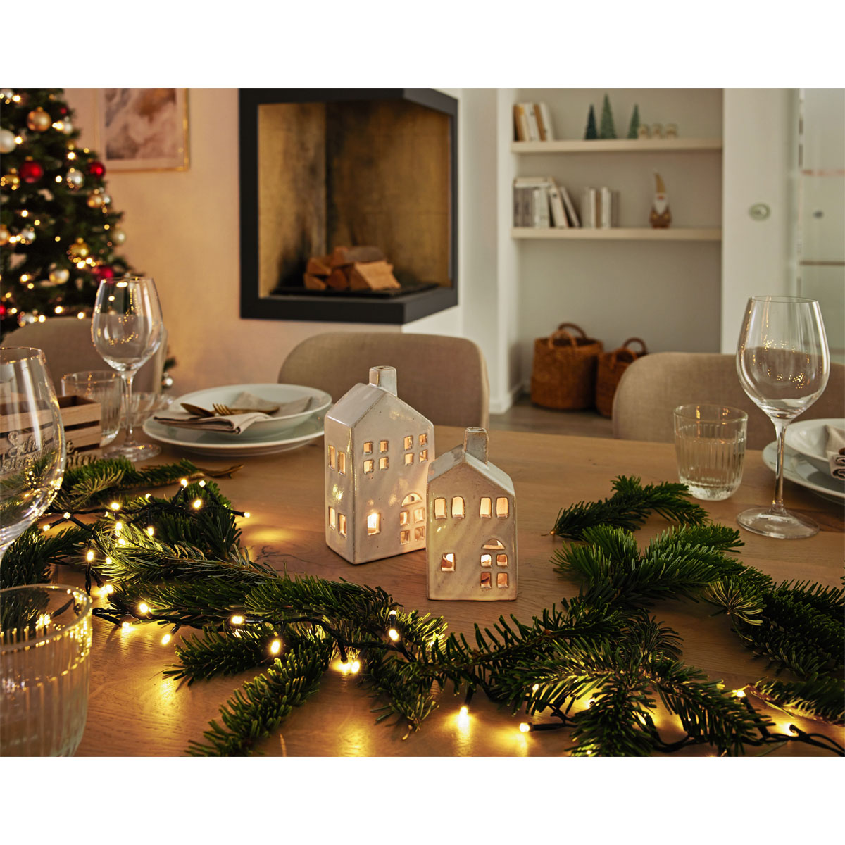 Windlicht Haus creme/beige glänzend Steinzeug LxBxH 7,5 x 5,5 x 14 cm Bild 2