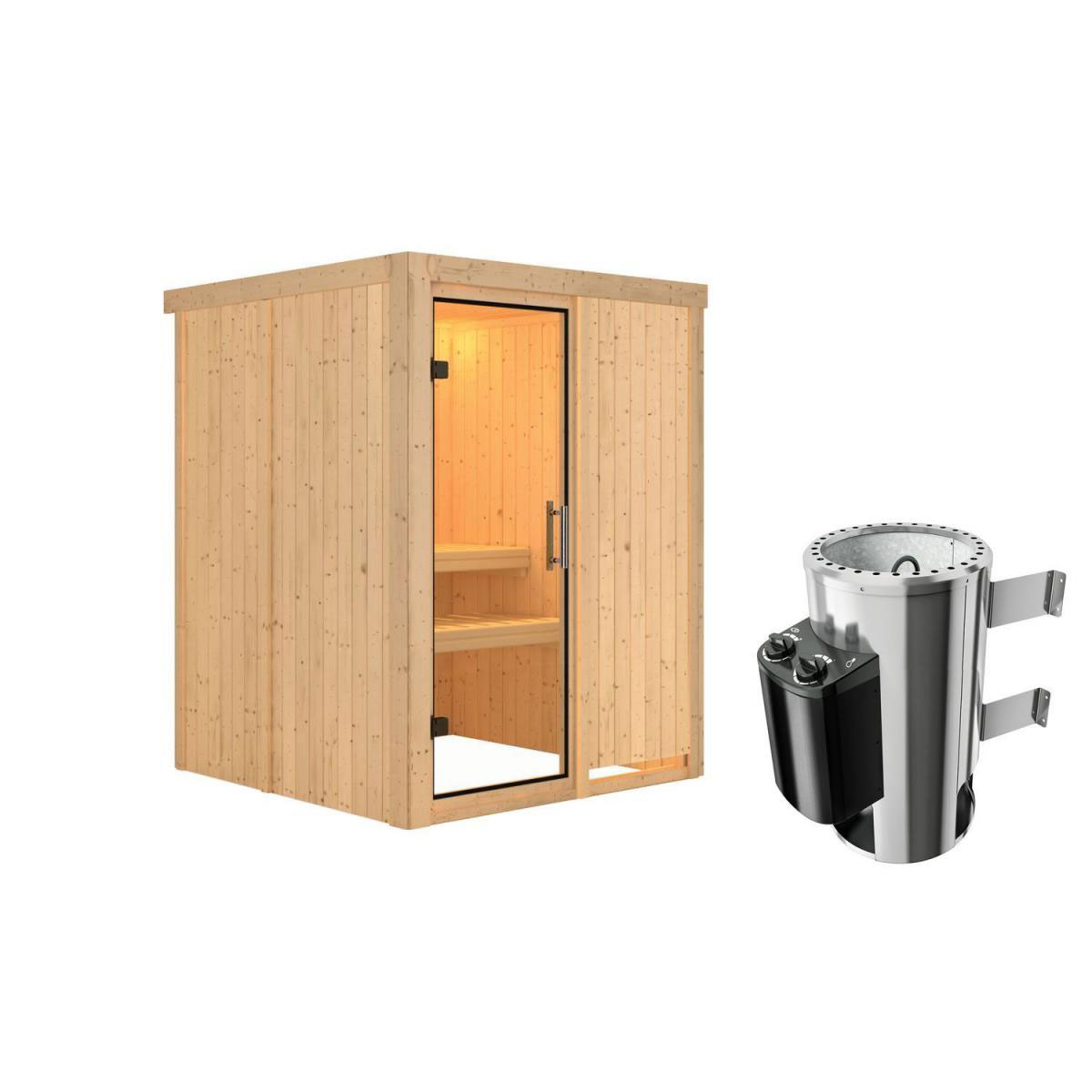 Karibu Sauna Minja Fronteinstieg 3,6 kW Ofen integr Strg kein Kranz Klarglas-Tür Bild 2