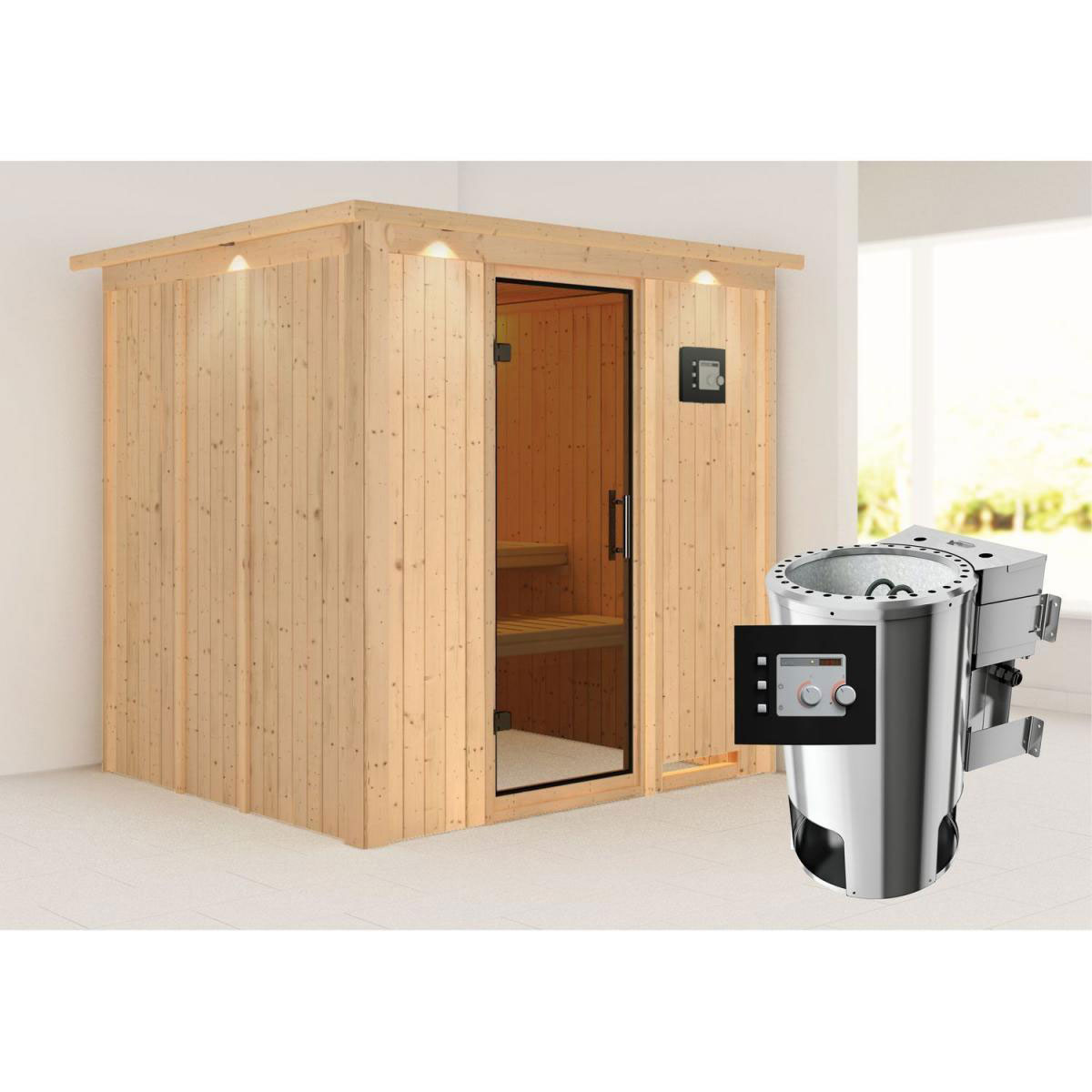 Karibu Sauna Daria Fronteinstieg 3,6 kW Bio Ofen externe Strg modern mit Kranz graphitfarbene Glastür Bild 8