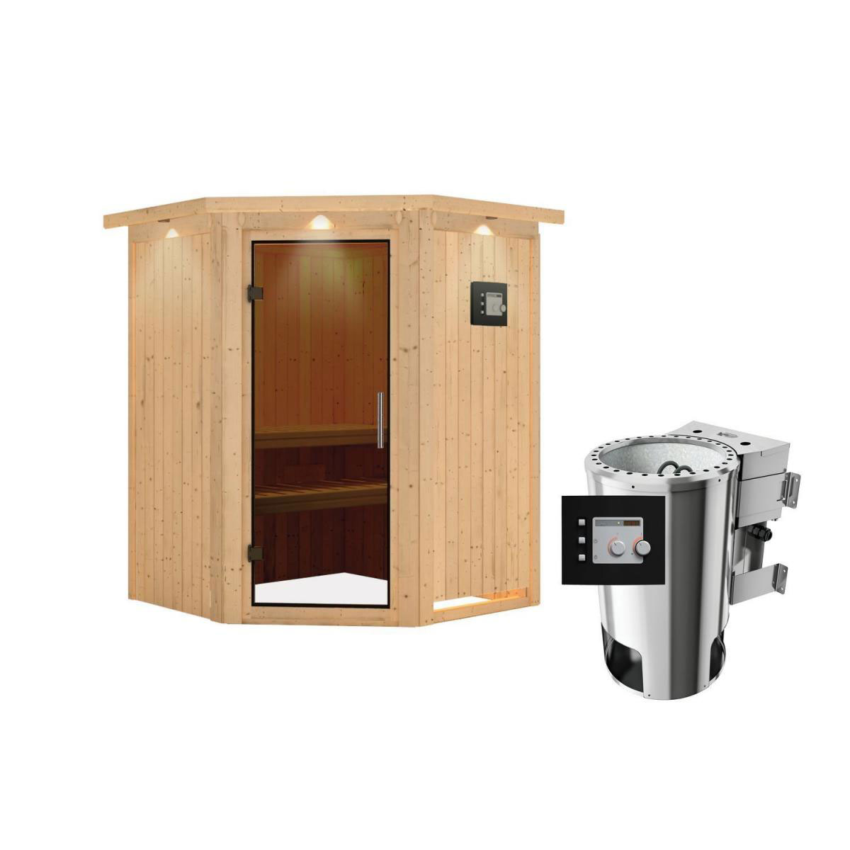 Karibu Sauna Nanja Eckeinstieg 3,6 kW Bio Ofen externe Strg modern mit Kranz graphitfarbene Glastür Bild 1