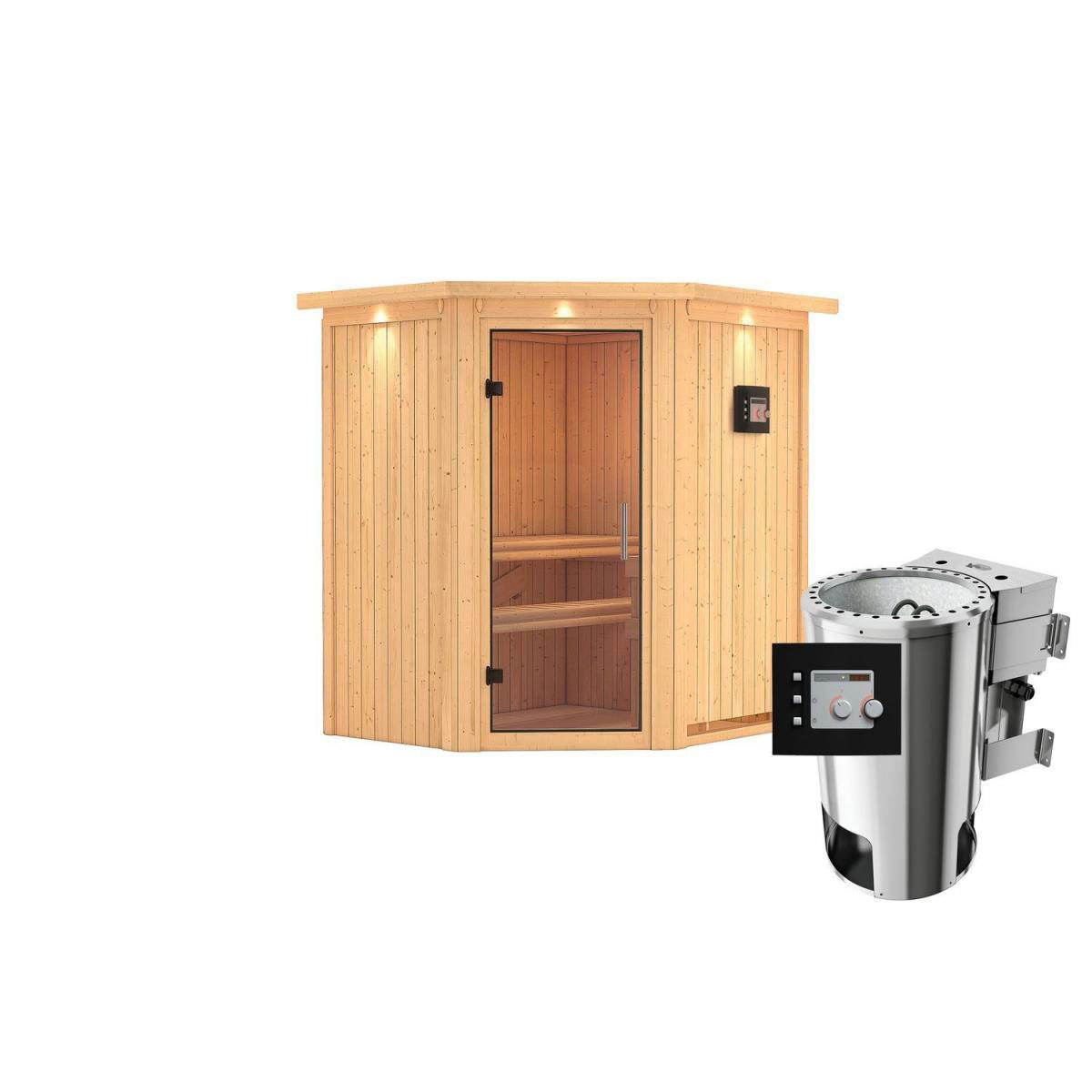 Karibu Sauna Tonja Eckeinstieg 3,6 kW Bio Ofen externe Strg modern mit Kranz Klarglas-Tür Bild 1