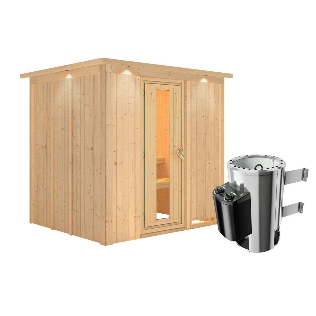Karibu Sauna Daria Fronteinstieg 3,6 kW Ofen integr Strg mit Kranz Energiespartür Bild 1