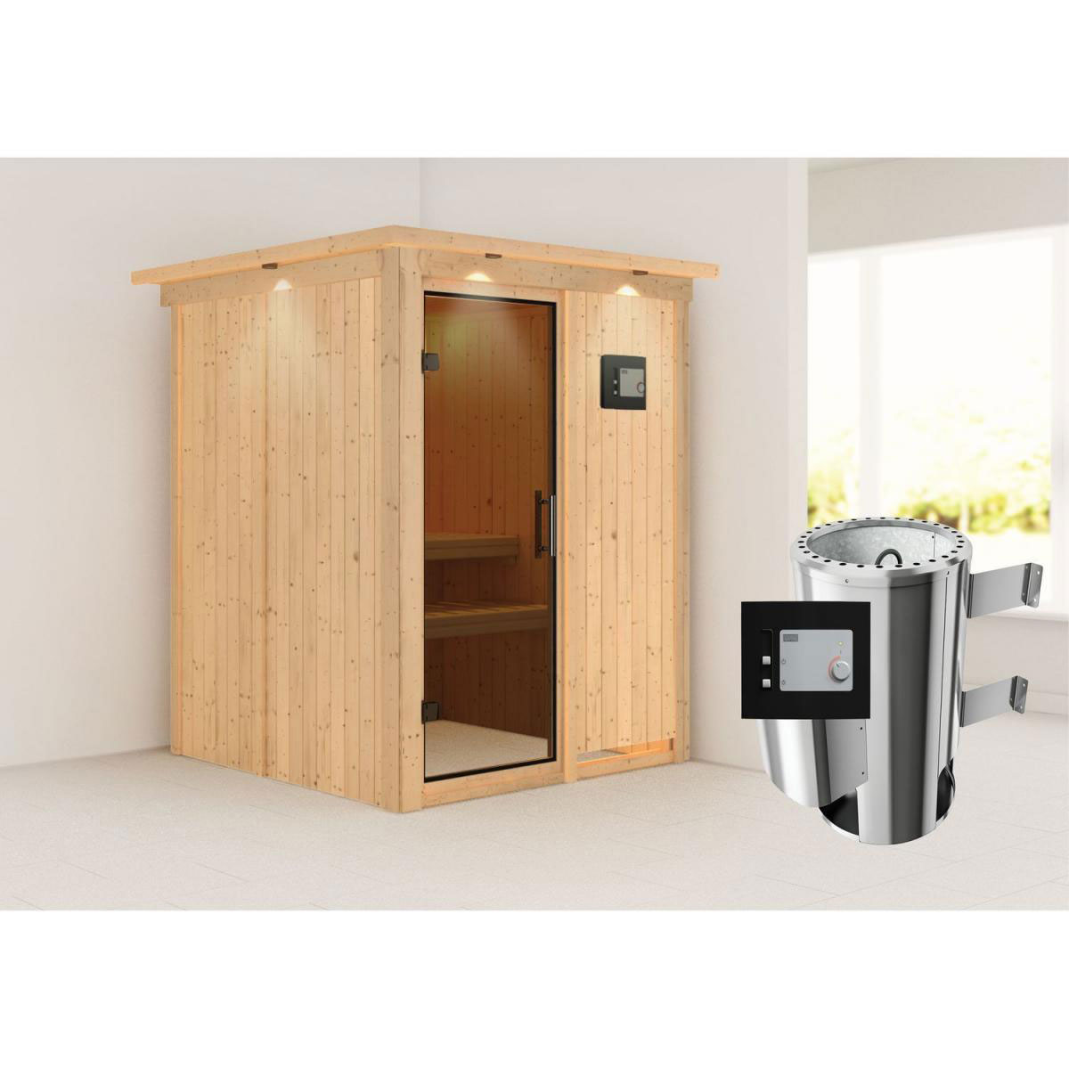 Karibu Sauna Minja Fronteinstieg 3,6 kW Ofen externe Strg modern mit Kranz graphitfarbene Glastür Bild 7