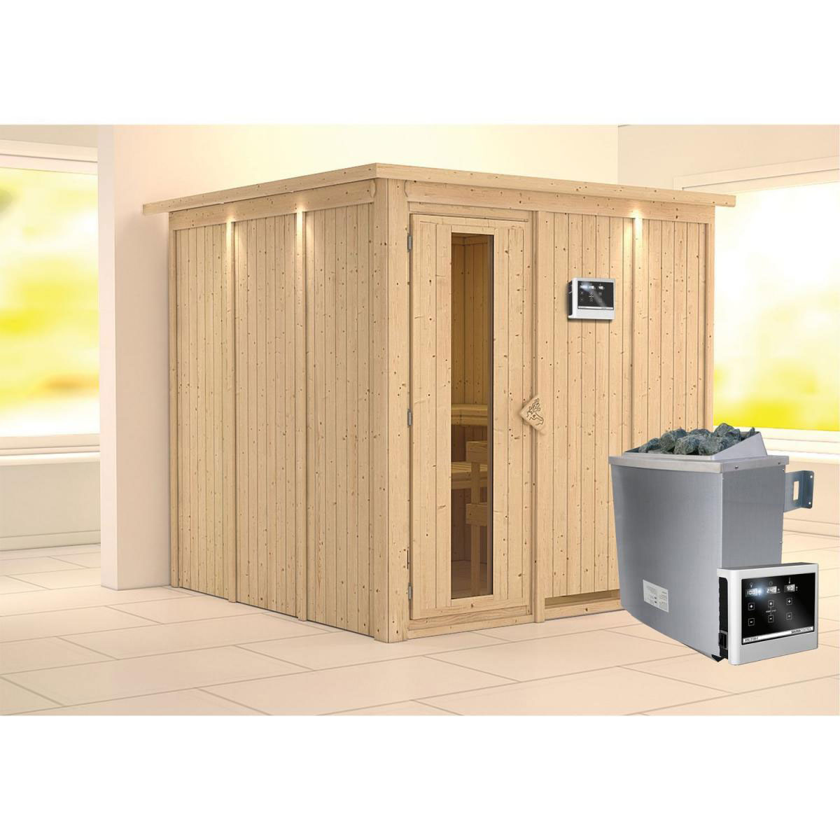 Karibu Sauna Rodin Fronteinstieg 9 kW externe Strg modern Tür gedämmt mit Kranz