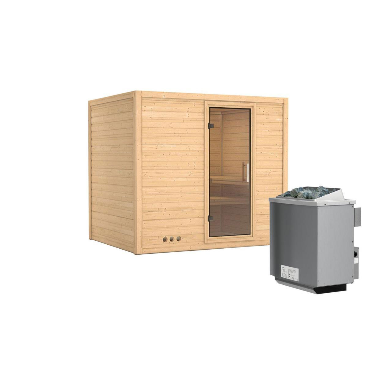 Karibu Sauna Sonara Fronteinstieg 9 kW Ofen integr Strg kein Kranz Klarglas-Tür Bild 1