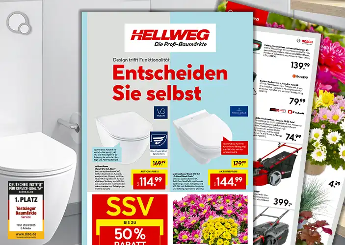 rotes HELLWEG-Prospekt der Woche mit Fokus auf Sanitär