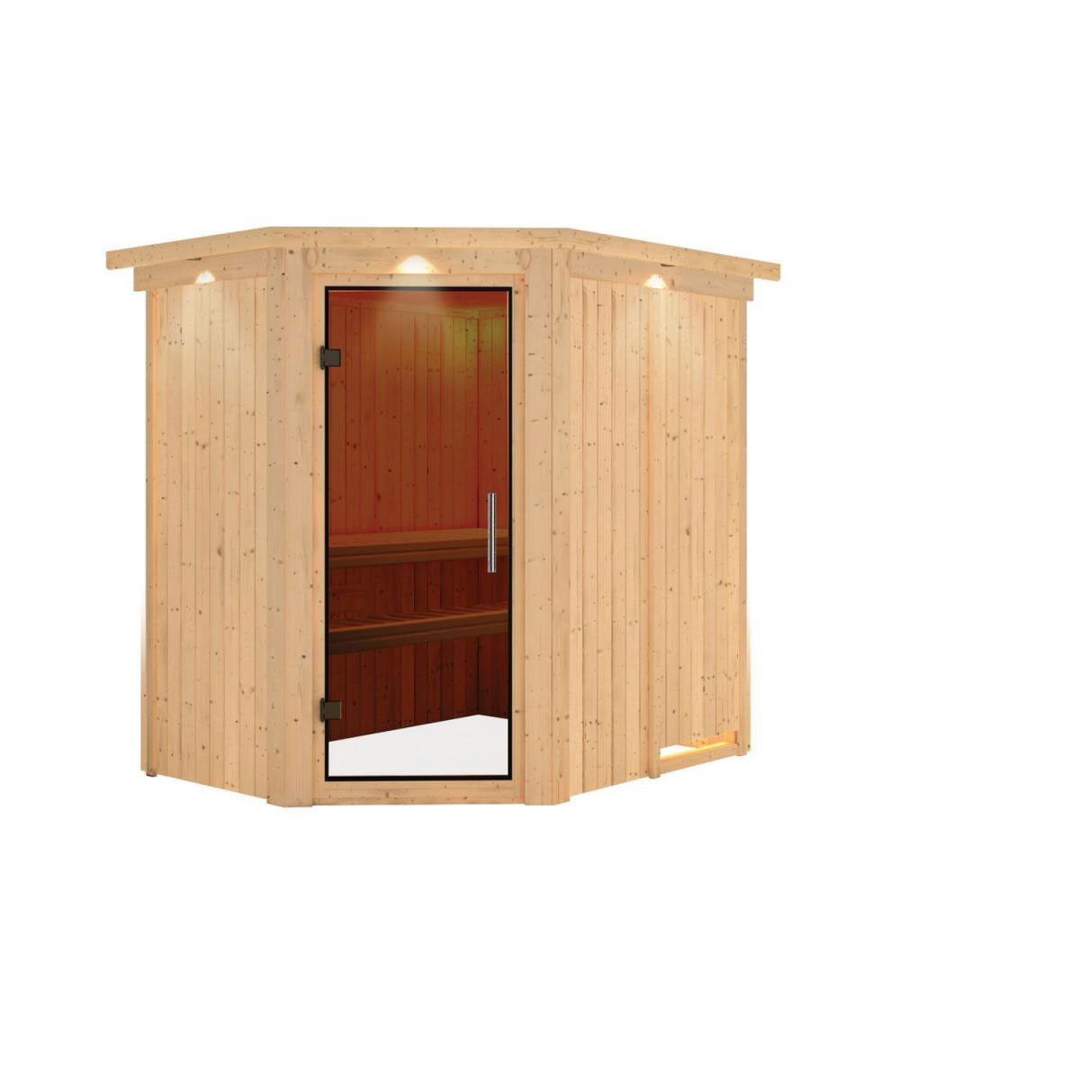 Karibu Sauna Saja Eckeinstieg ohne Ofen mit Kranz graphitfarbene Glastür Bild 2