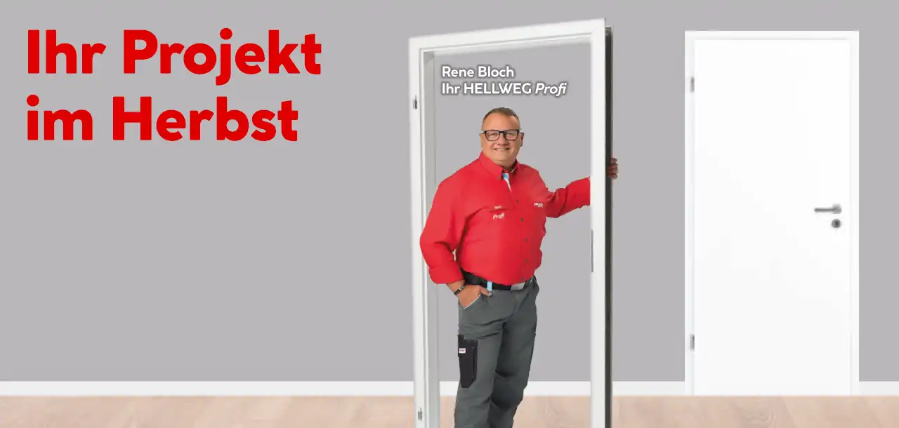 Eine weiße Tür mit einem männlichen Hellweg Profi