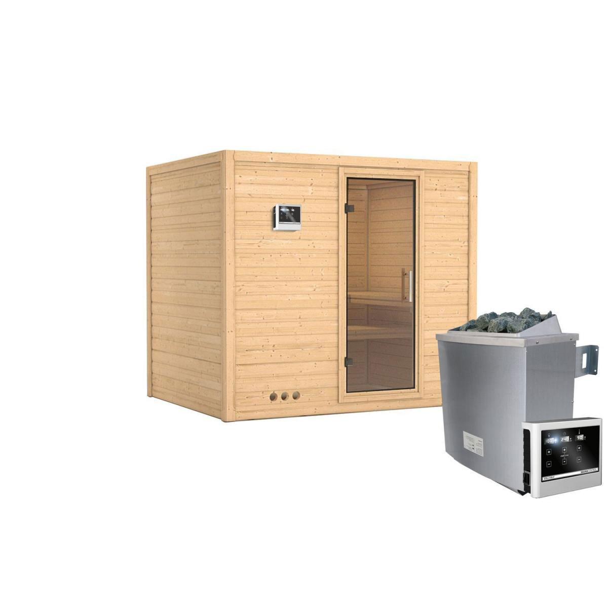 Karibu Sauna Sonara Fronteinstieg 9 kW Ofen externe Strg kein Kranz Klarglas-Tür