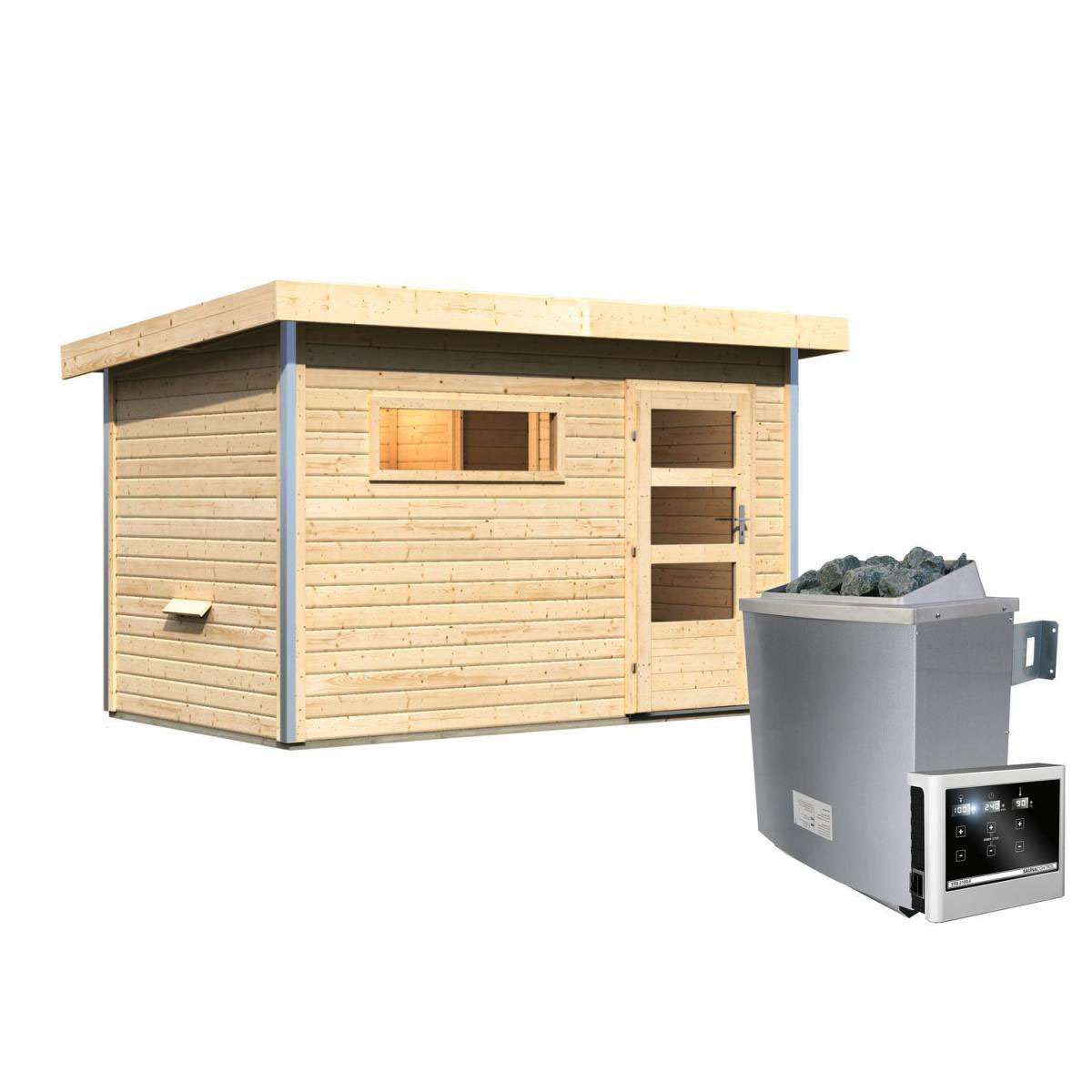 Karibu Saunahaus Skrollan 1 38 mm 9 kW Ofen externe Strg moderne Tür