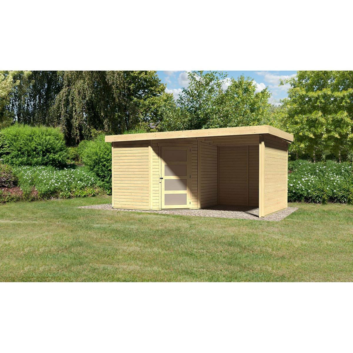 Karibu Gartenhaus Schwandorf 3/5 mit Anbaudach 220 cm und Seiten-/Rückwand 462 x 246 x 218 cm braun