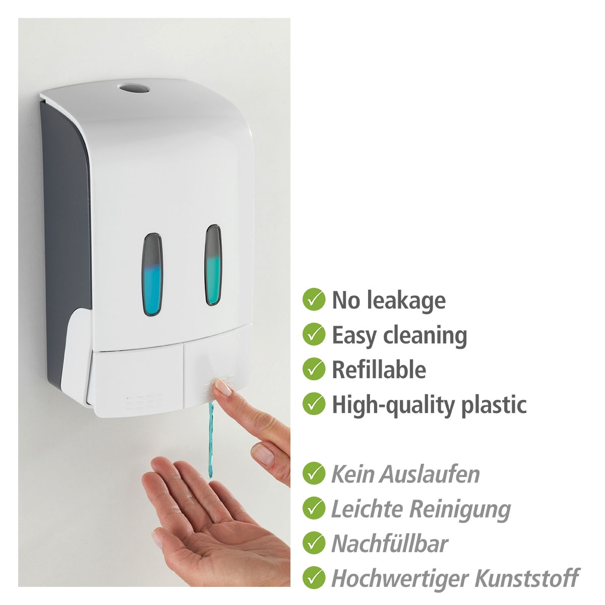 Wenko  2-Kammer Desinfektionsmittel- und Seifenspender Tartas Weiß Seifen-Dosierer und Desinfektionsspender Füllmenge je Kammer 480 ml Bild 6