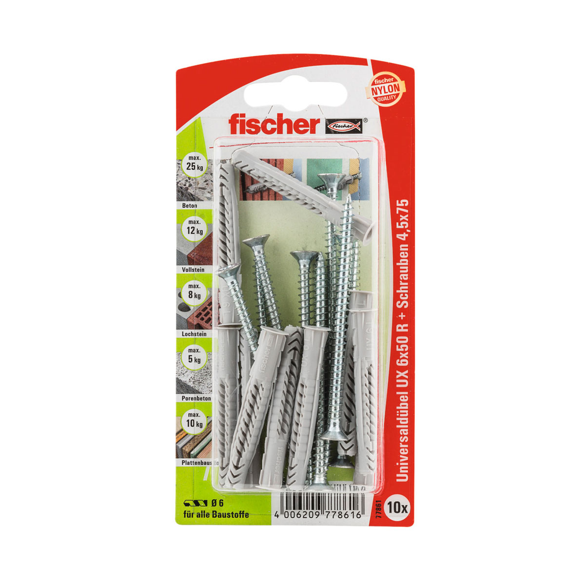 Fischer  Universaldübel UX 6 x 50 mm mit Rand und Schraube 10 Stück