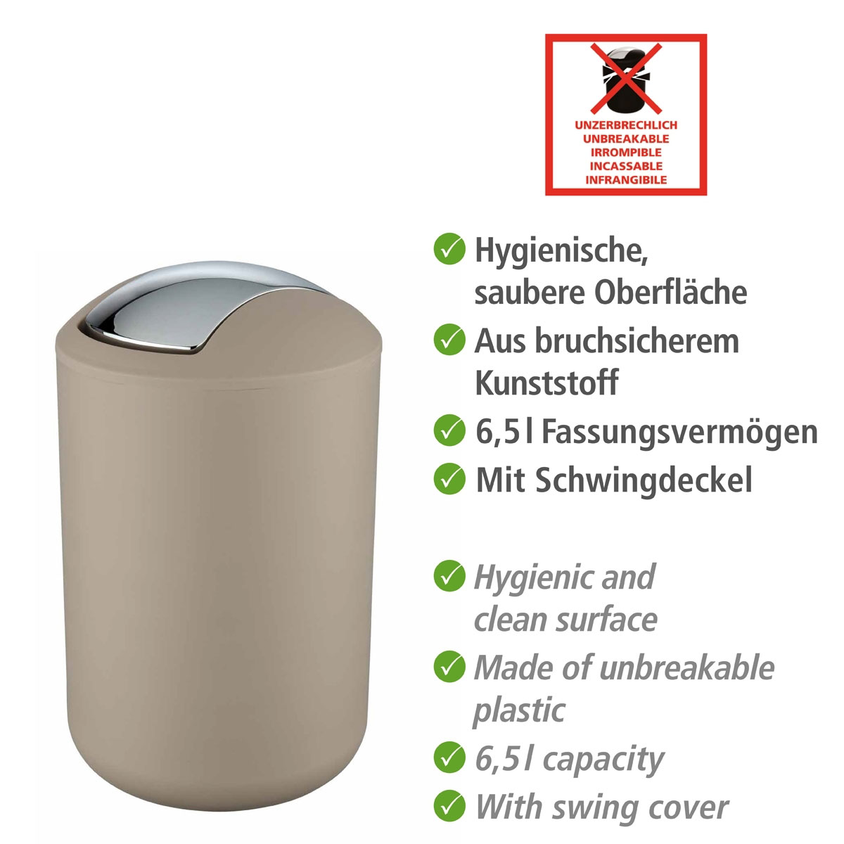 Wenko Schwingdeckeleimer Brasil L taupe 6,5 L Bild 2
