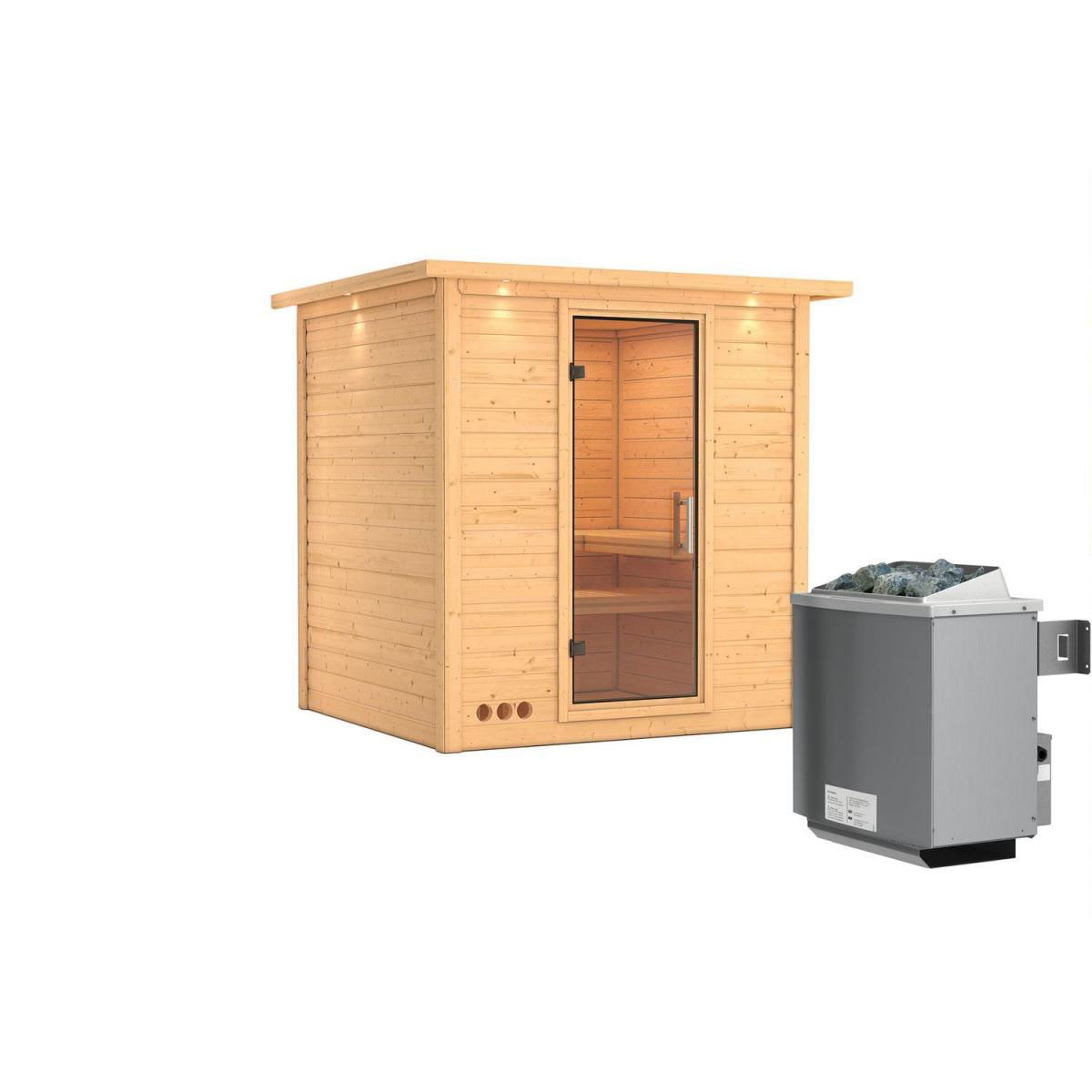 Karibu Sauna Mojave Fronteinstieg 9 kW Ofen integr Strg mit Kranz Klarglas-Tür Bild 1