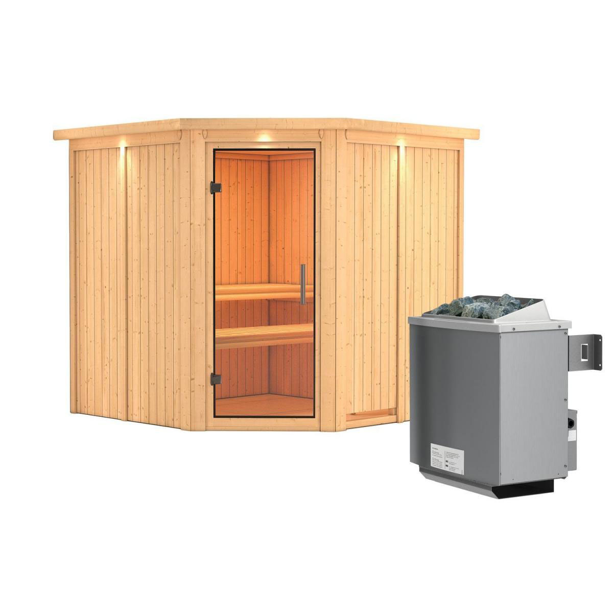 Karibu Sauna Jarin Eckeinstieg 9 kW Ofen integr Strg mit Kranz Klarglas-Tür Bild 1