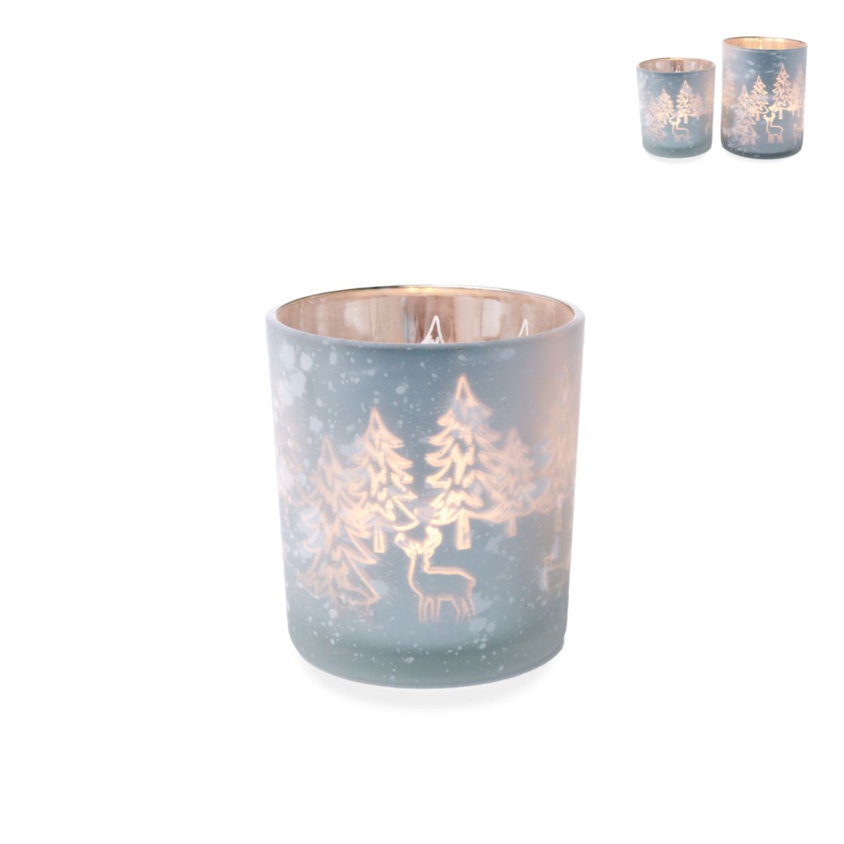 Teelichtglas Wald 7x8cm Glas weiss silber