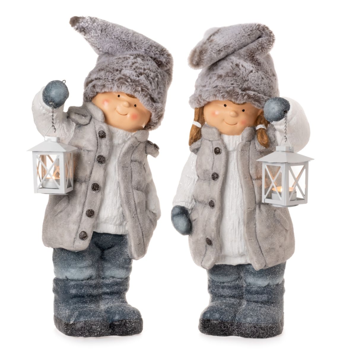 Winterkind mit Laterne 52cm grau blau