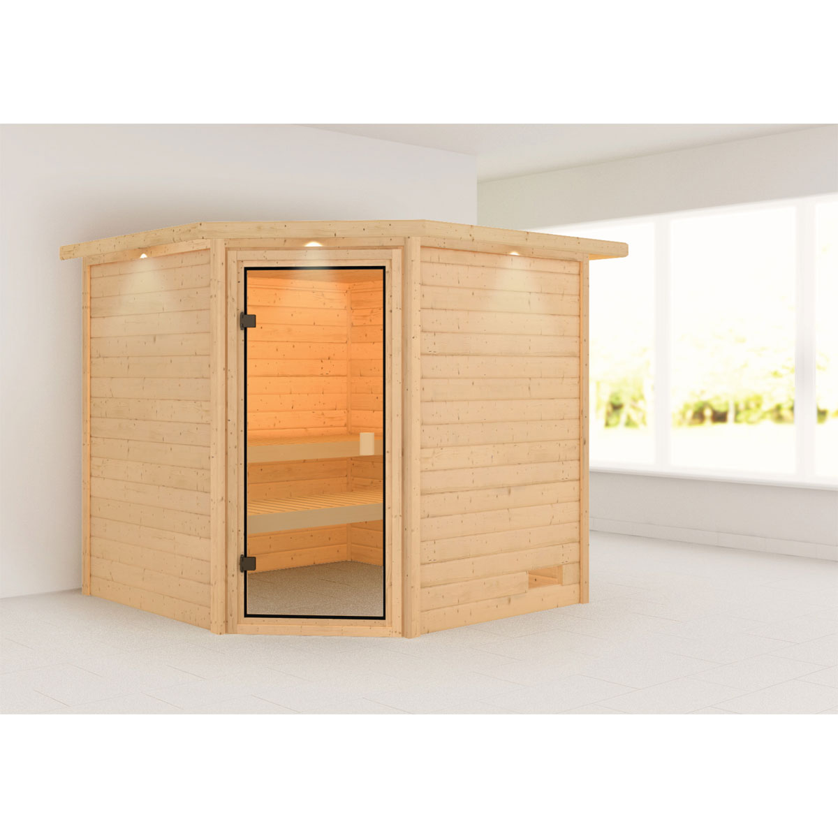 Karibu Sauna Tilda mit Kranz naturbelassen ohne Ofen