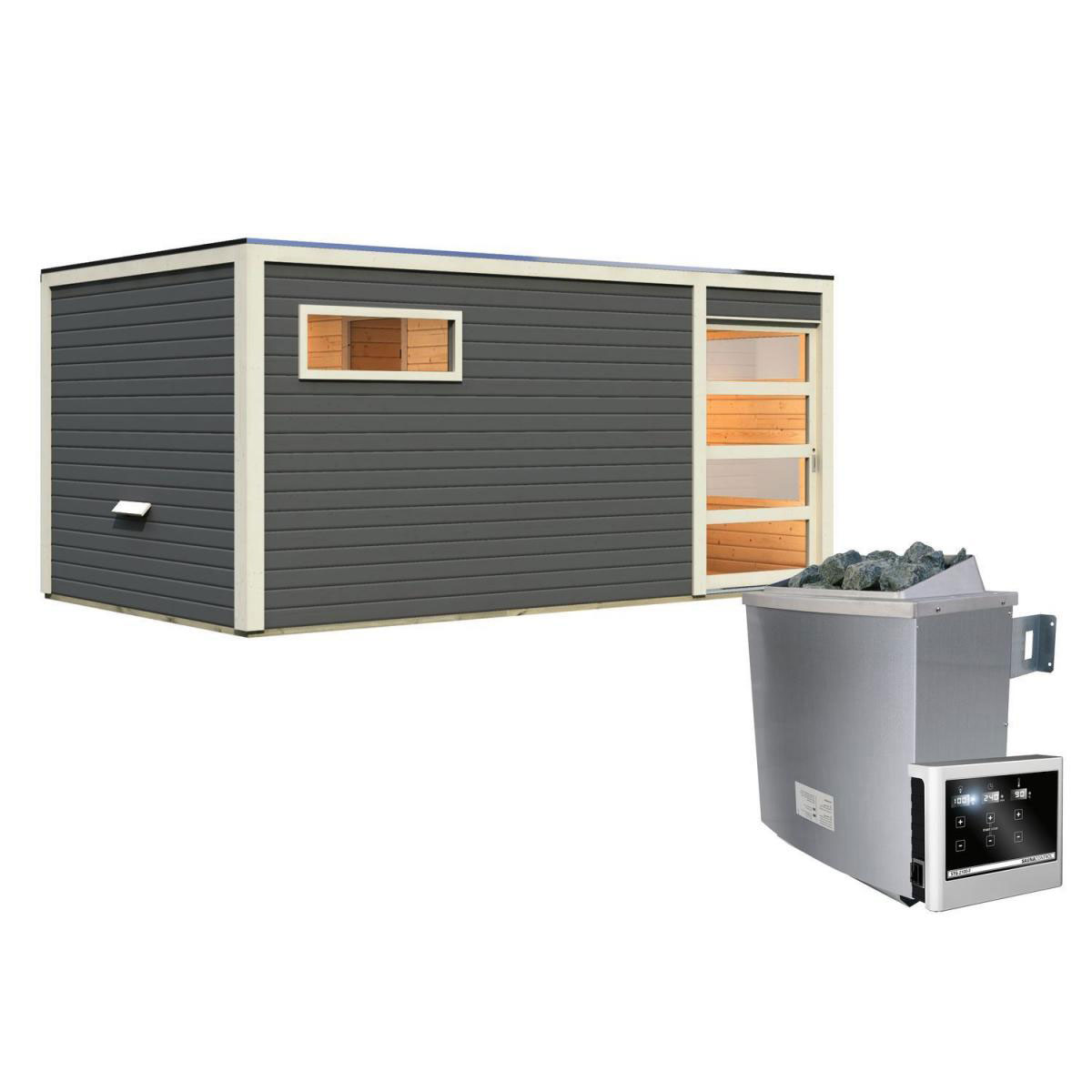 Karibu Saunahaus Hygge 38 mm 9 kW Ofen externe Strg Klarglas-Tür terragrau