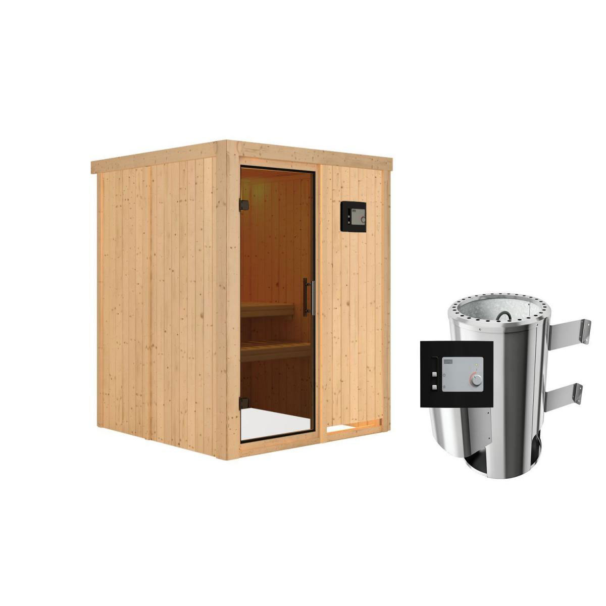 Karibu Sauna Minja Fronteinstieg 3,6 kW Ofen externe Strg modern kein Kranz Energiespartür