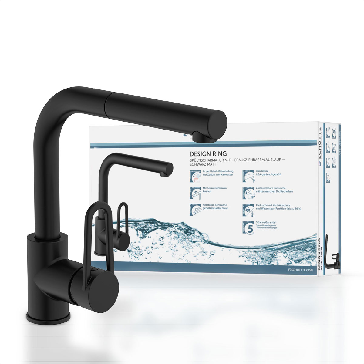 Schütte Spülarmatur Design Ring schwarz matt mit herausziehbarer Geschirrbrause Bild 3