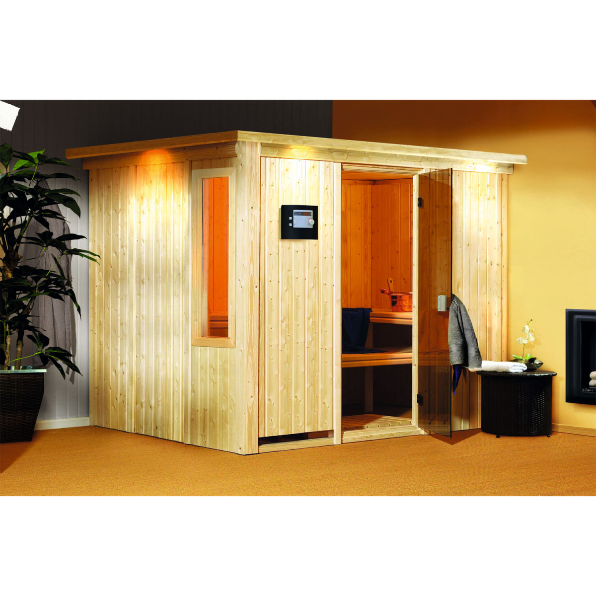 Karibu Gobin Fronteinstieg 9 kW Ofen integr Strg mit Dachkranz bronzierte Tür Bild 2