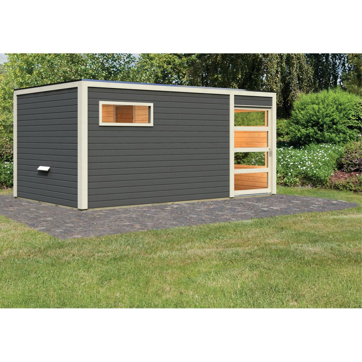 Karibu Saunahaus Hygge 38 mm ohne Ofen Klarglas-Tür terragrau Bild 3