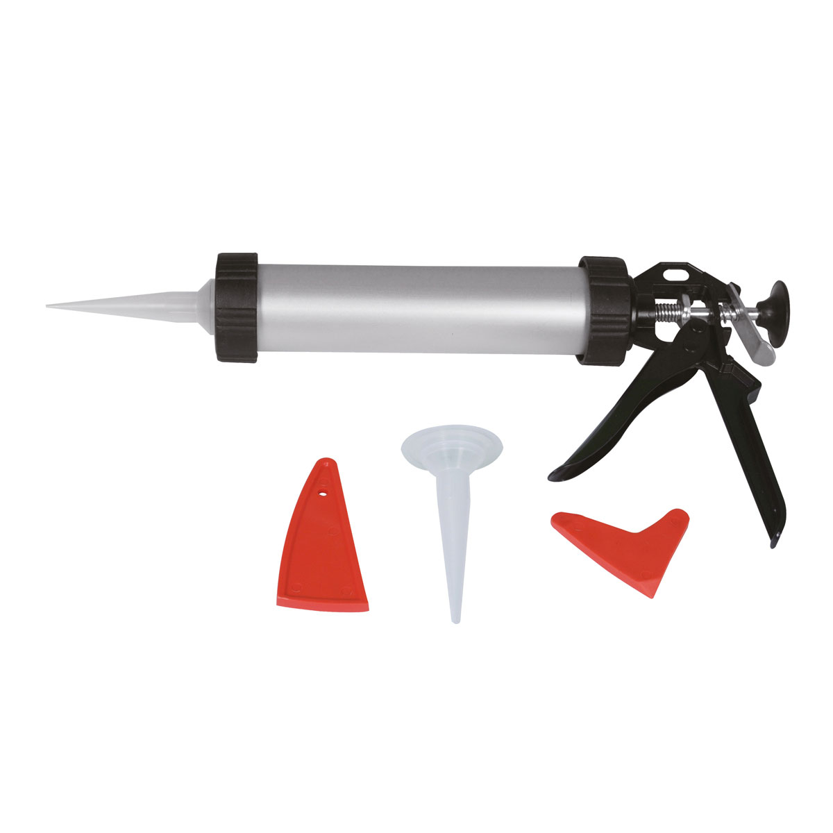 Basic Auspresspistole Aluminium mit Tüllen und Fugenglätter Basic Auspresspistole Aluminium mit Tüllen und Fugenglätter