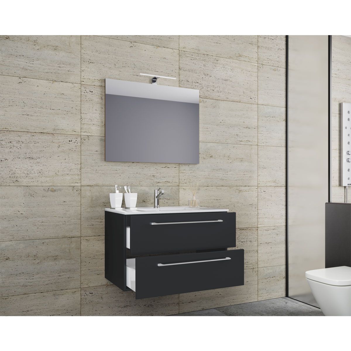 Waschplatz 80 cm 3-teilig 2 Schubfächer mit Spiegel schwarz Bild 3