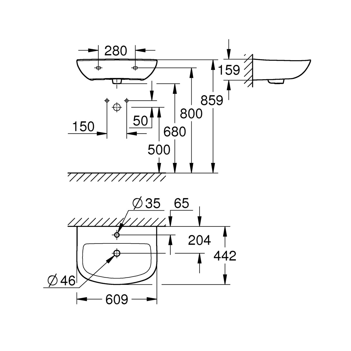 Grohe Waschtisch Bau alpinweiß 60,9 x 15,9 x 44,2 cm Bild 2