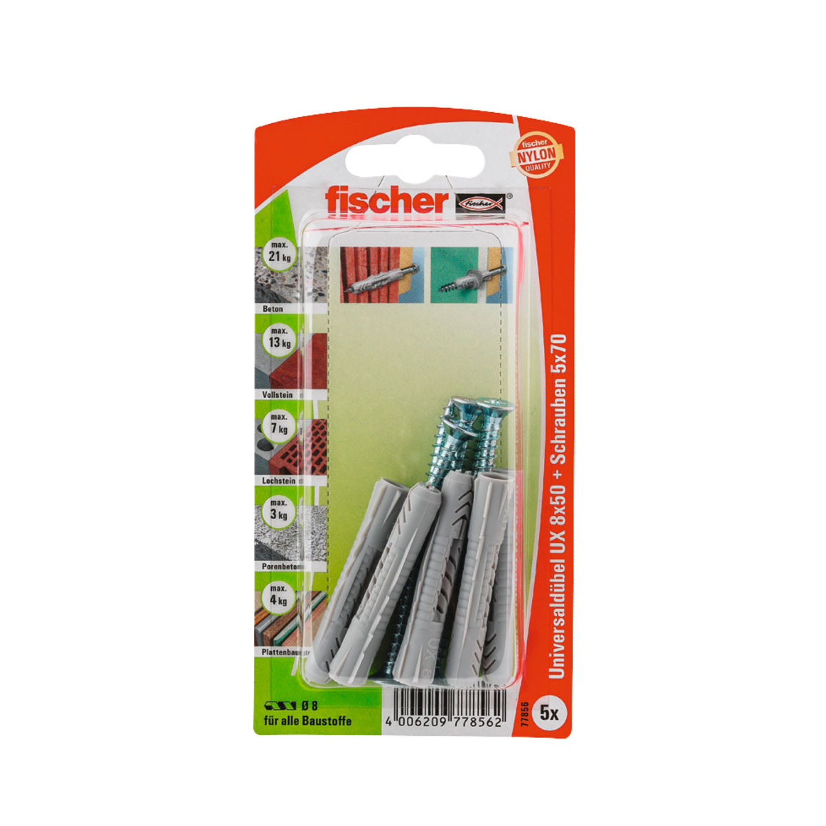 Fischer  Universaldübel UX 8 x 50 mm mit Schraube 5 Stück Fischer  Universaldübel UX 8 x 50 mm mit Schraube 5 Stück