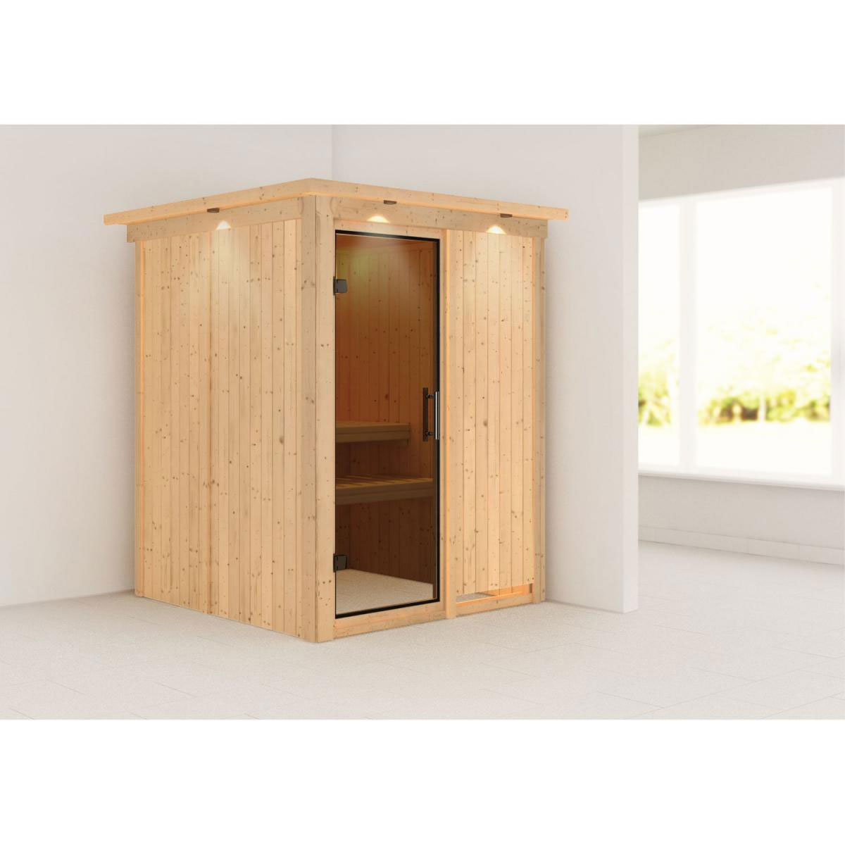 Karibu Sauna Norin Fronteinstieg ohne Zubehör mit Kranz moderne Tür Bild 1