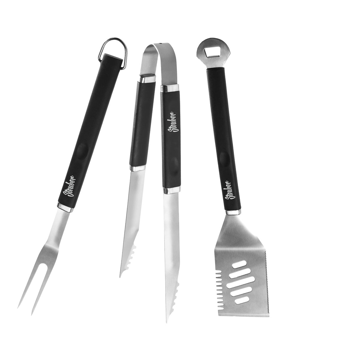Steuber Grillbesteck 3er Set mit Fleischwender, Grillgabel und Zange